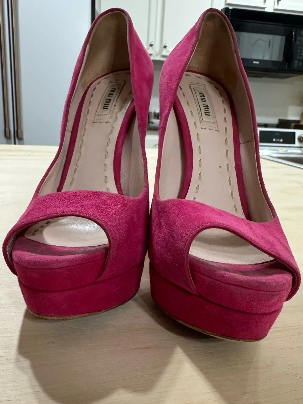 Miu Miu Hot Pink Suede Peep-Toe Platform Pumps